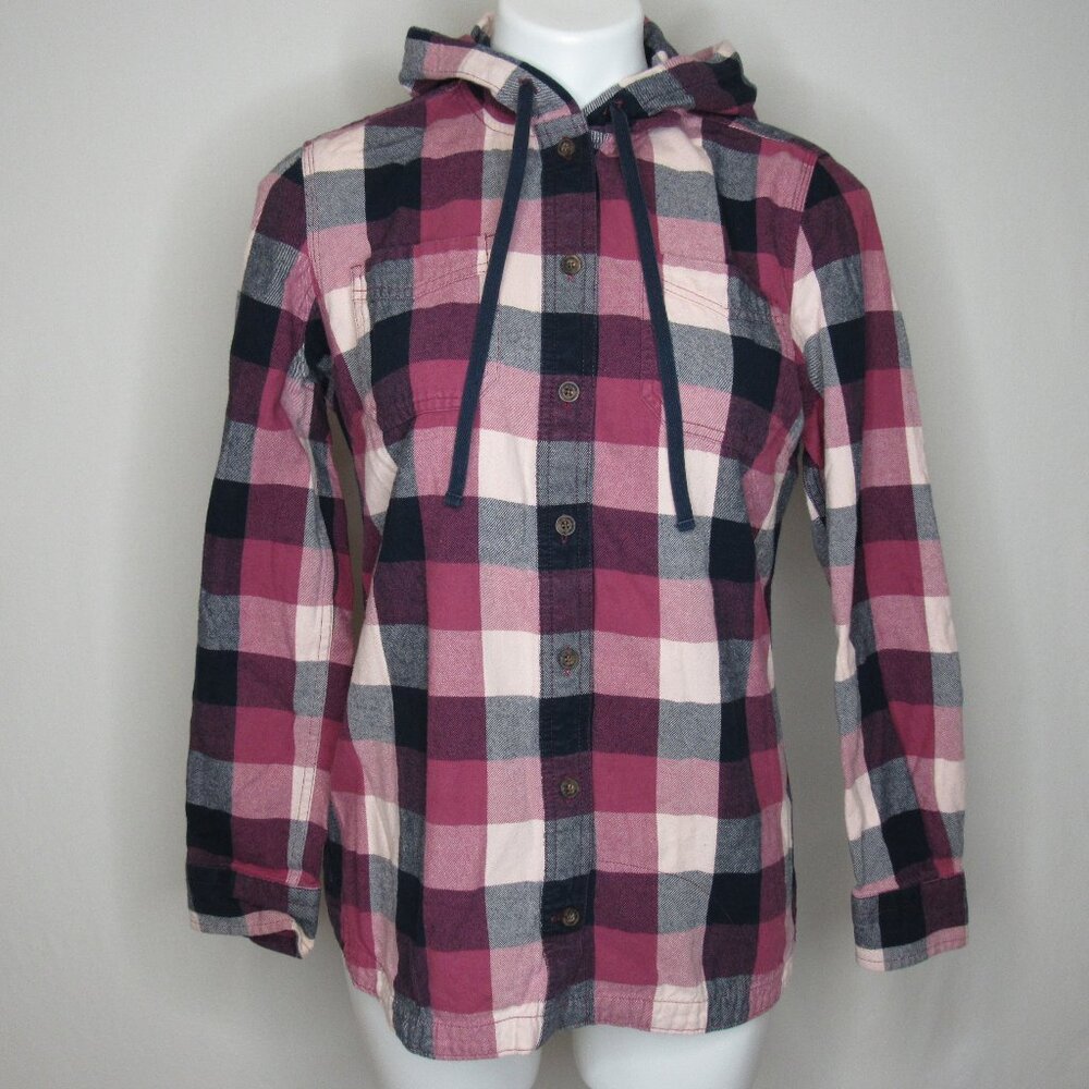 Duluth Trading Co. Pink Plaid Flannel Hooded Button Up Shirt Women's S Small